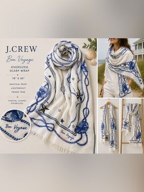 J. Crew Bon Voyage Nautical Oversized Scarf Wrap Coastal Blue White Fringe